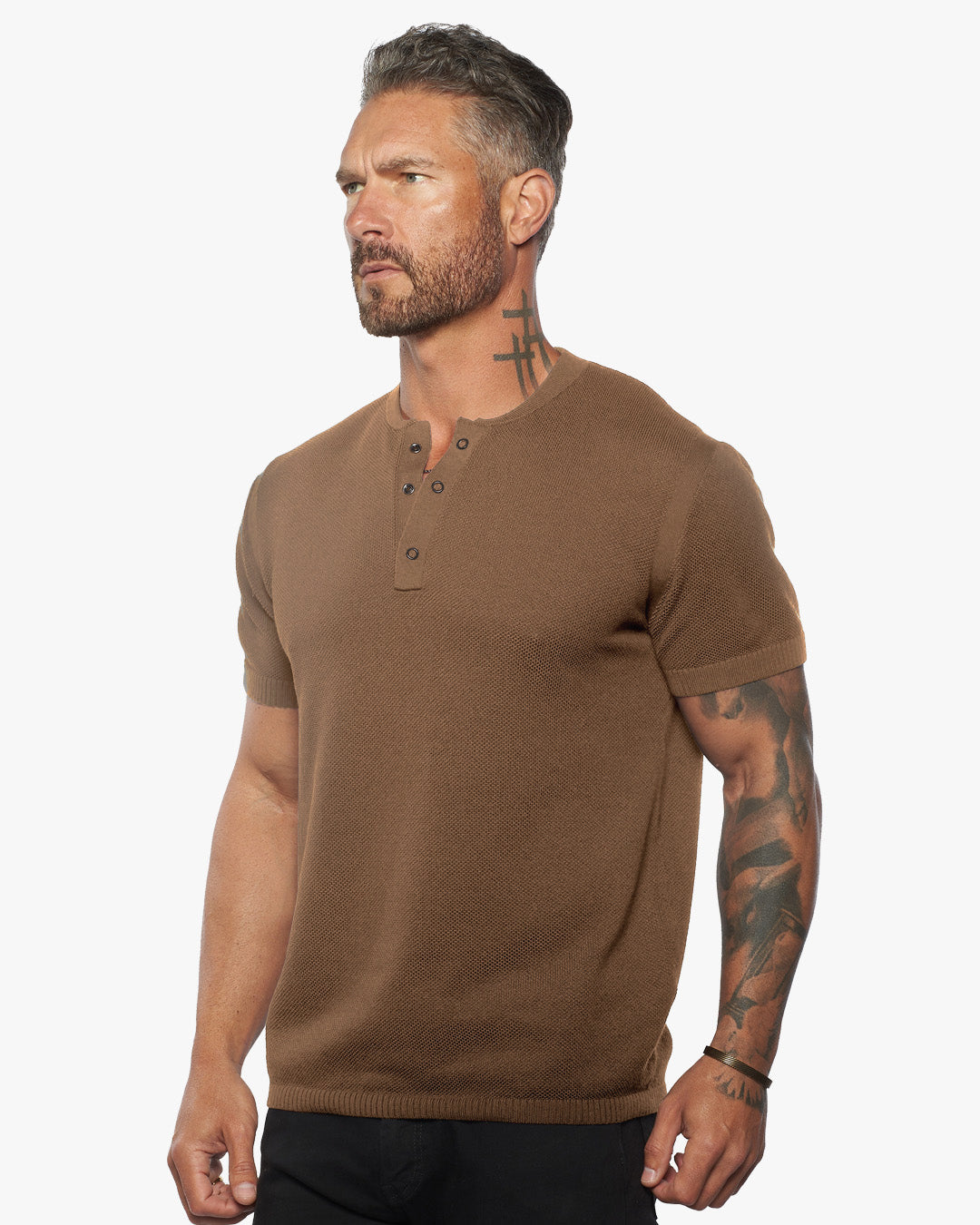 SS Mandarin Collar Slim Fit Knit Henley - Camel