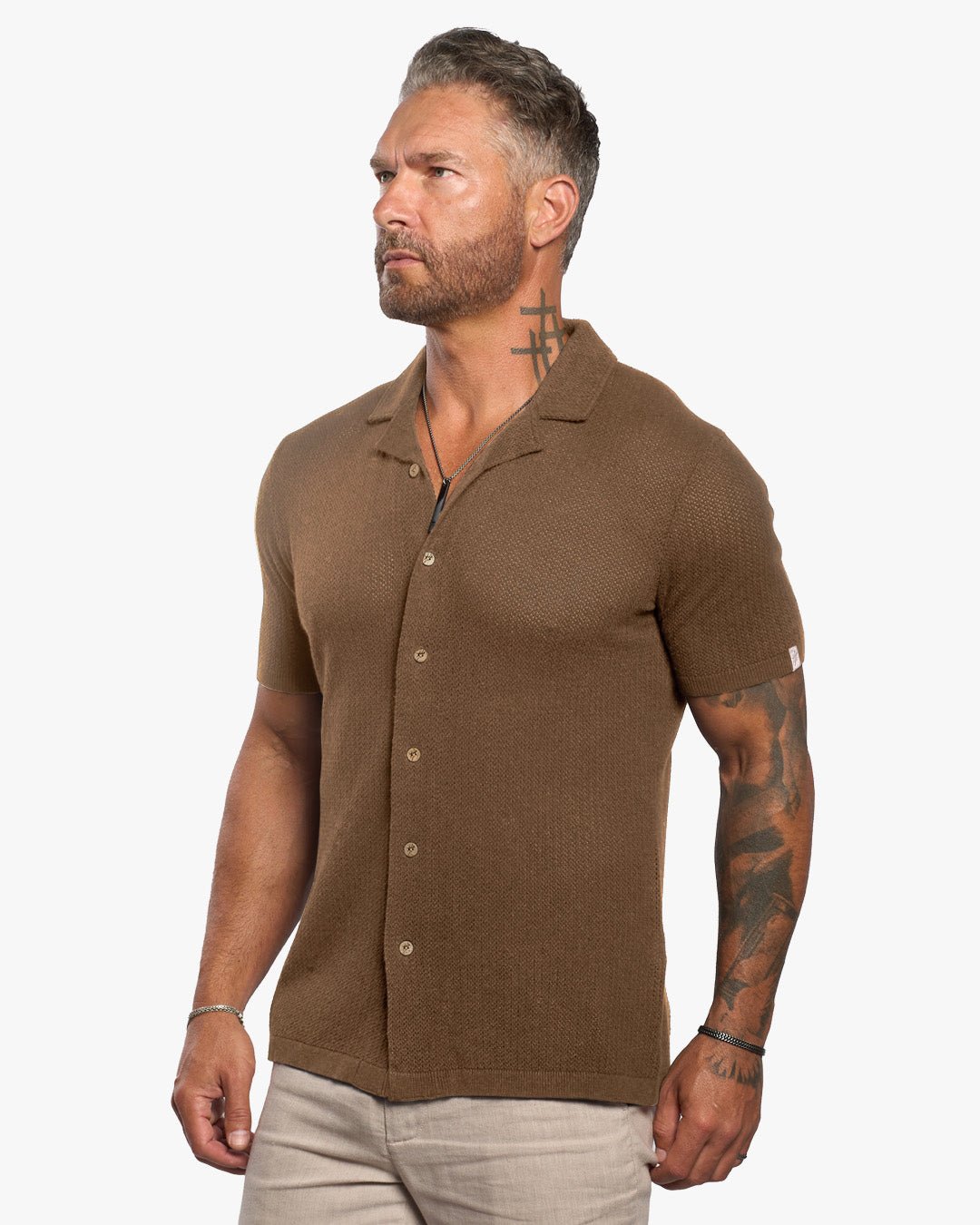 Mykonos Linen Blend Pointelle Knit Slim Fit Button Up Shirt - Camel - WESTON JON BOUCHÉR