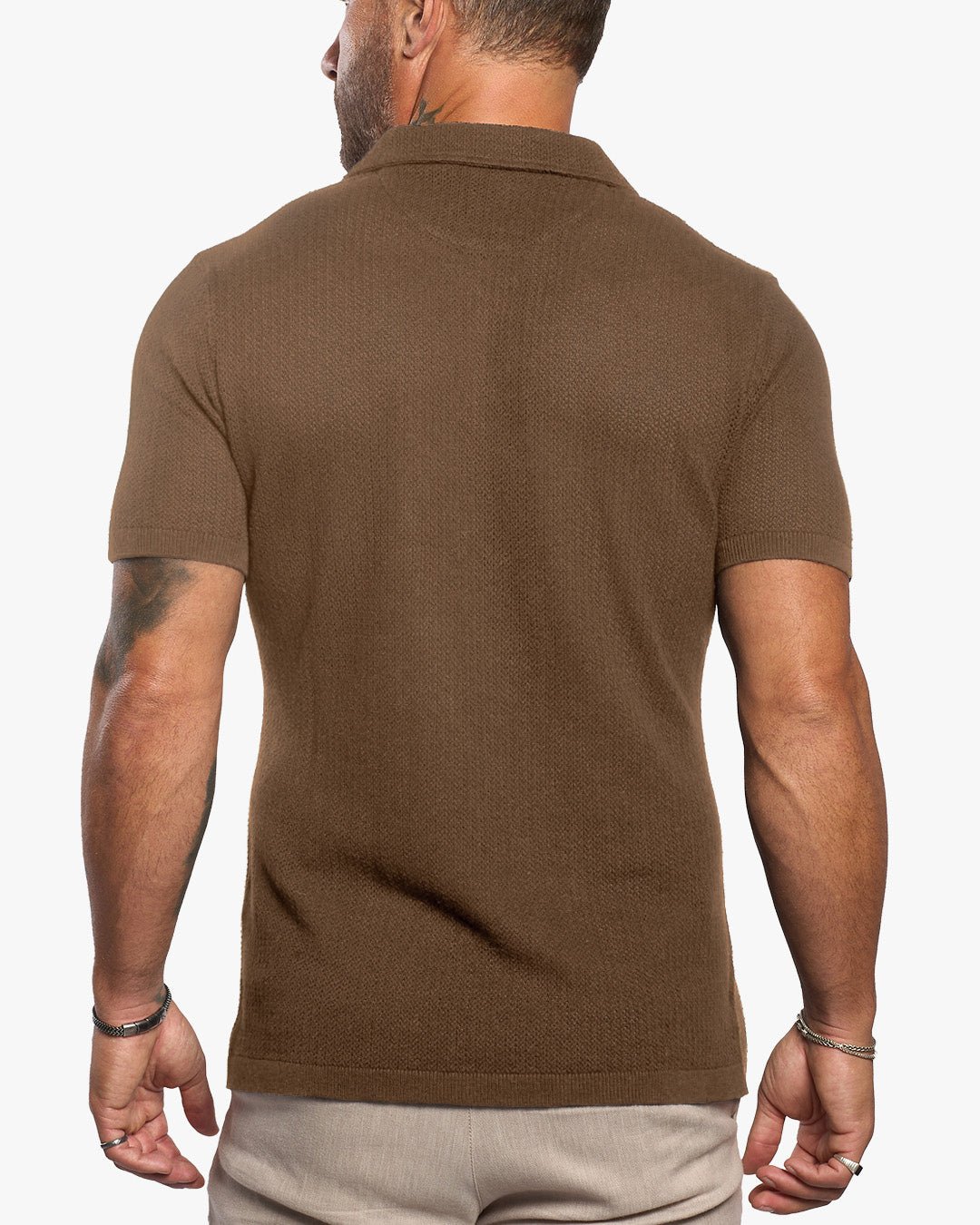 Mykonos Linen Blend Pointelle Knit Slim Fit Button Up Shirt - Camel - WESTON JON BOUCHÉR
