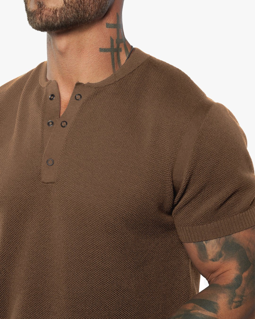 SS Mandarin Collar Slim Fit Knit Henley - Camel - WESTON JON BOUCHÉR