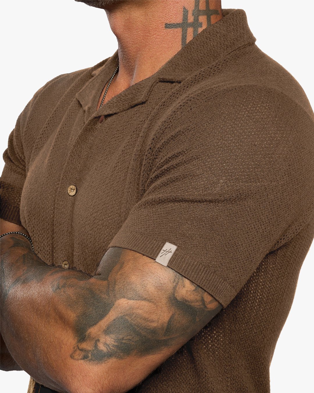 Mykonos Linen Blend Pointelle Knit Slim Fit Button Up Shirt - Camel - WESTON JON BOUCHÉR