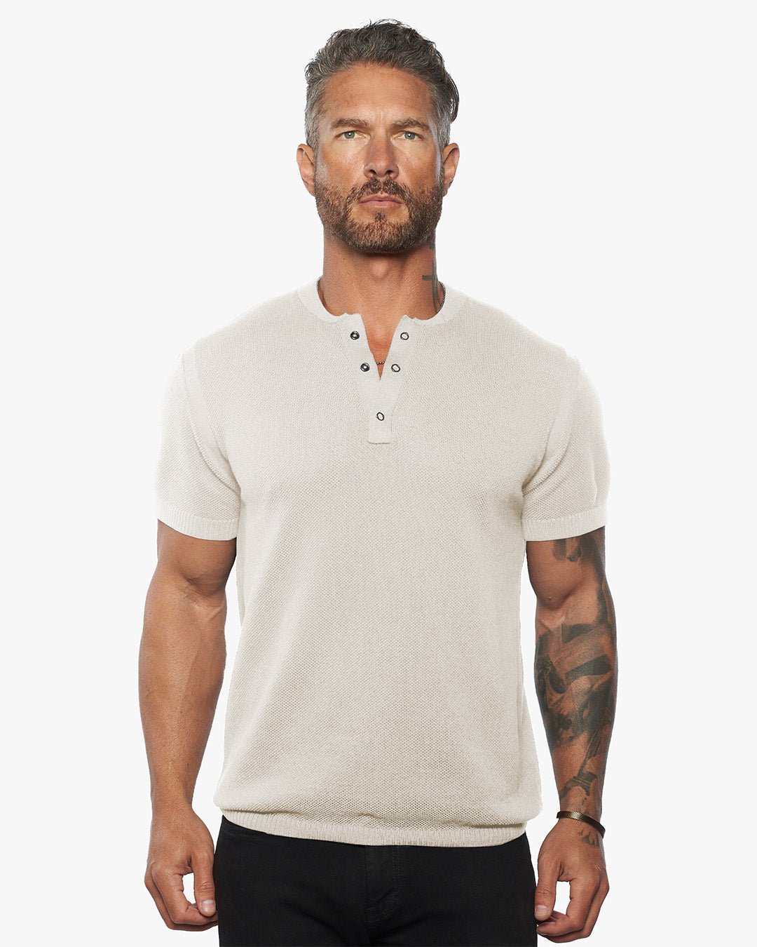 SS Mandarin Collar Slim Fit Knit Henley - WESTON JON BOUCHÉR