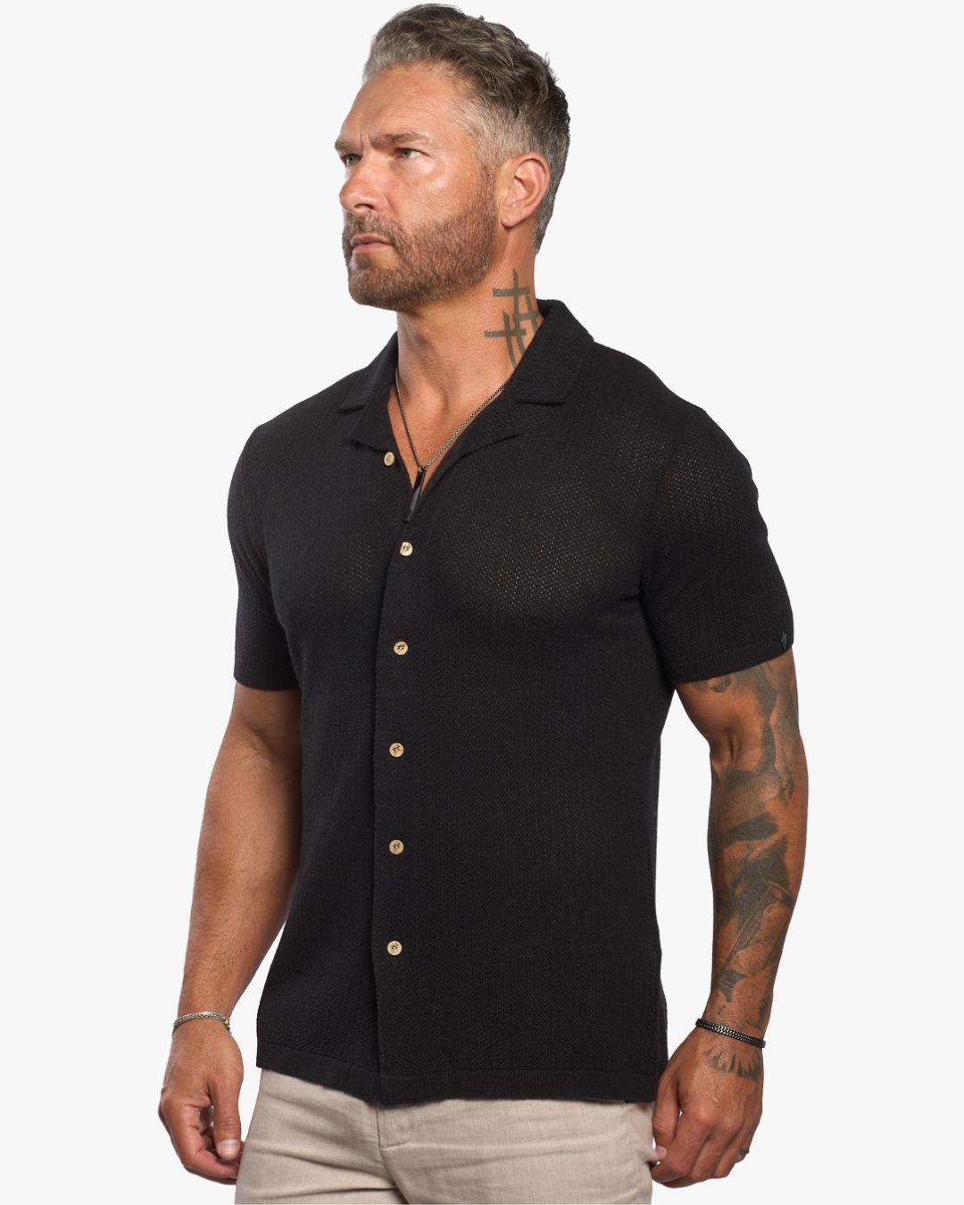 Mykonos Linen Blend Pointelle Knit Slim Fit Button Up Shirt - Black