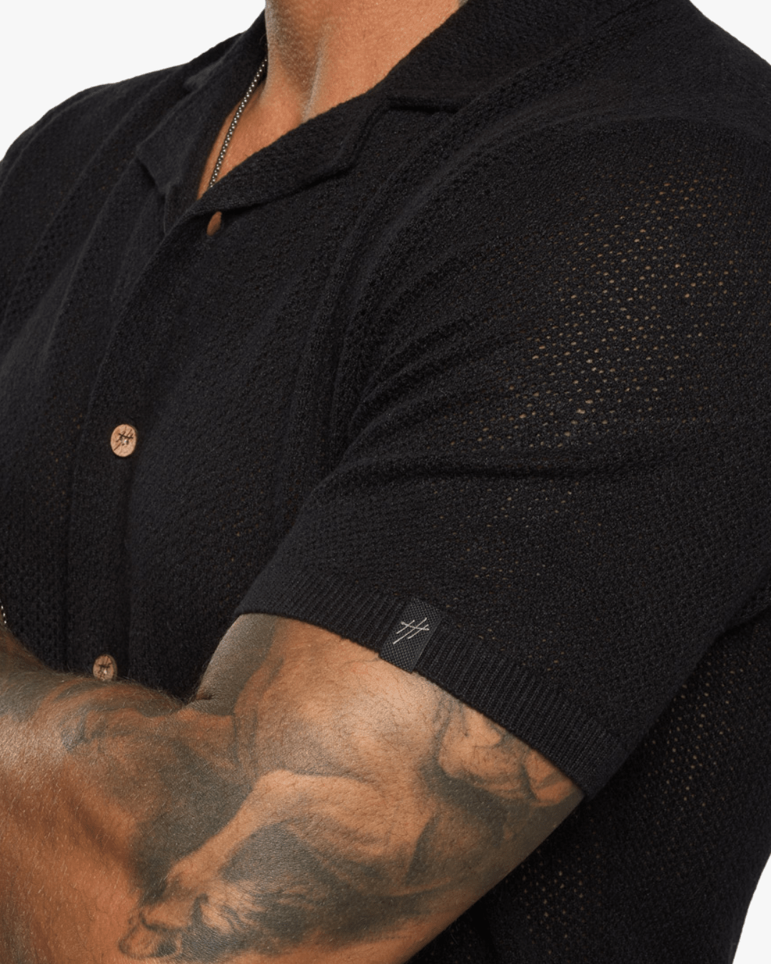 Mykonos Linen Blend Pointelle Knit Slim Fit Button Up Shirt - Black - WESTON JON BOUCHÉR