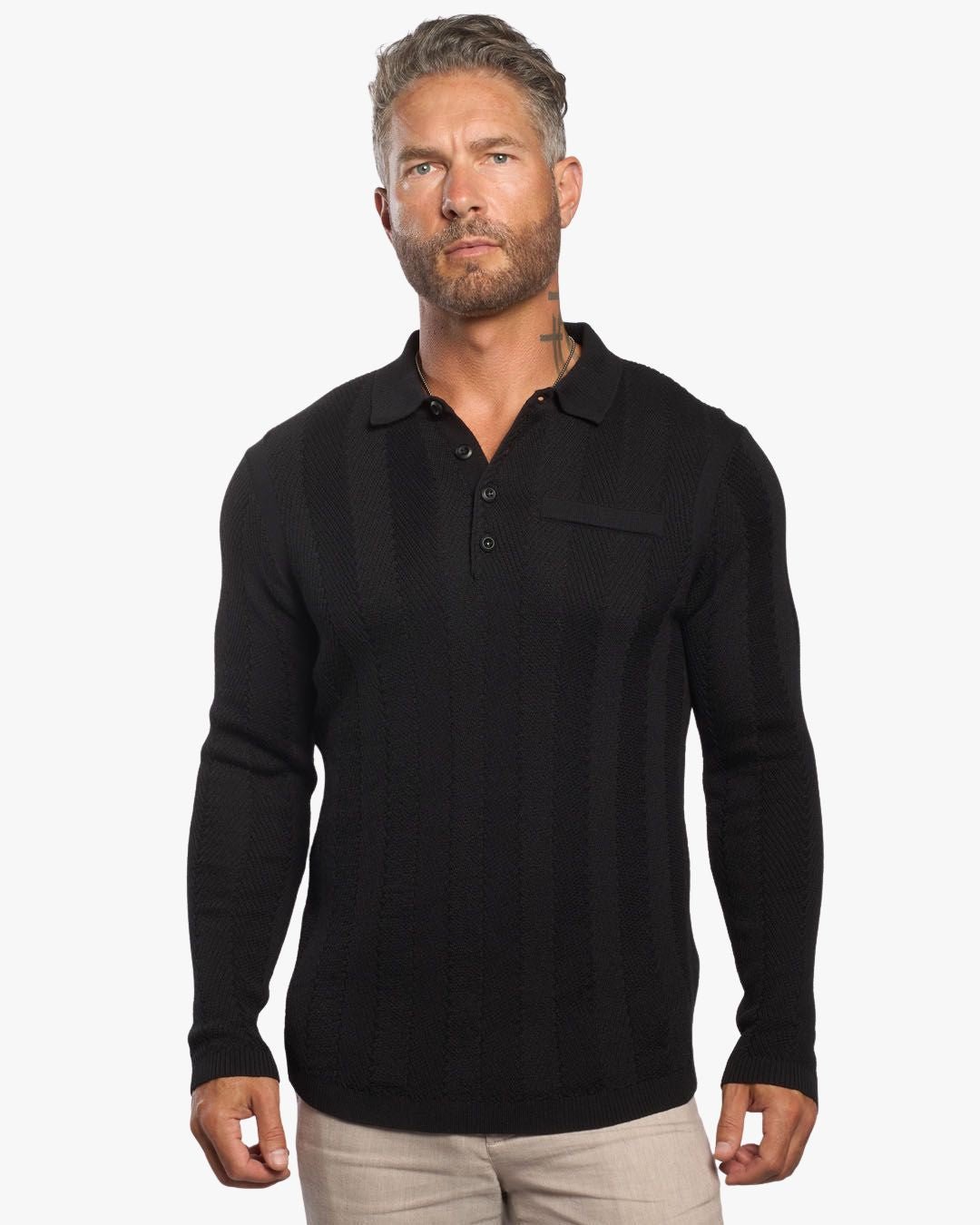 Alastair L/S Slim Fit Knit Polo - Pitch Black - WESTON JON BOUCHÉR