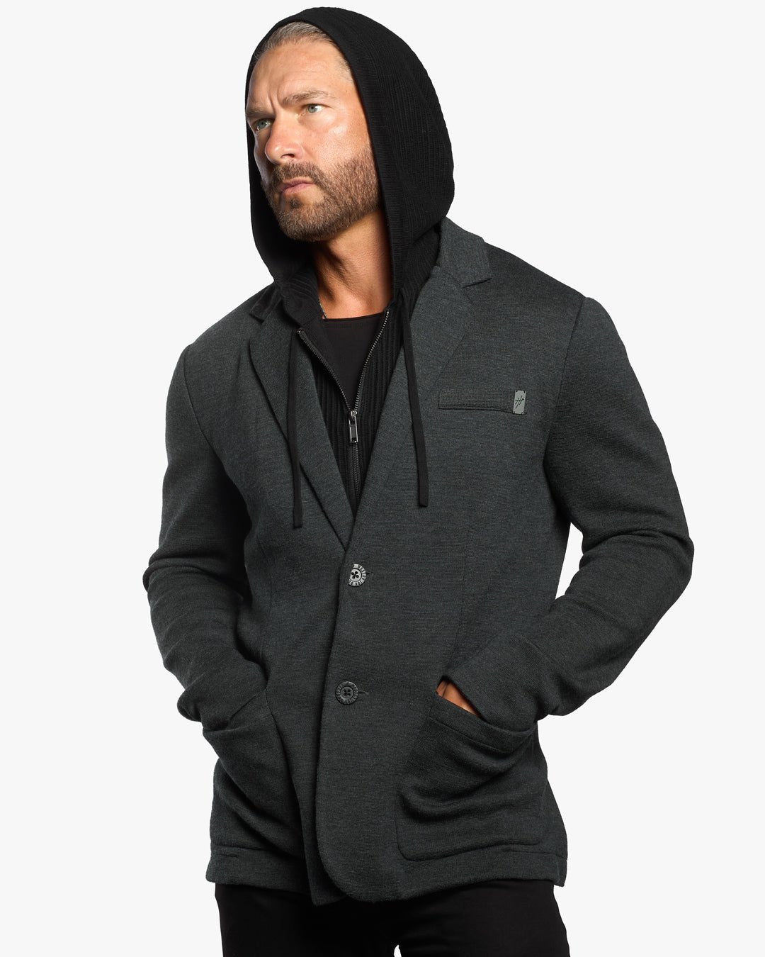 Atticus Slim Fit Blazer w/Removable Hoodie Layer - Dark Smoke - WESTON JON BOUCHÉR