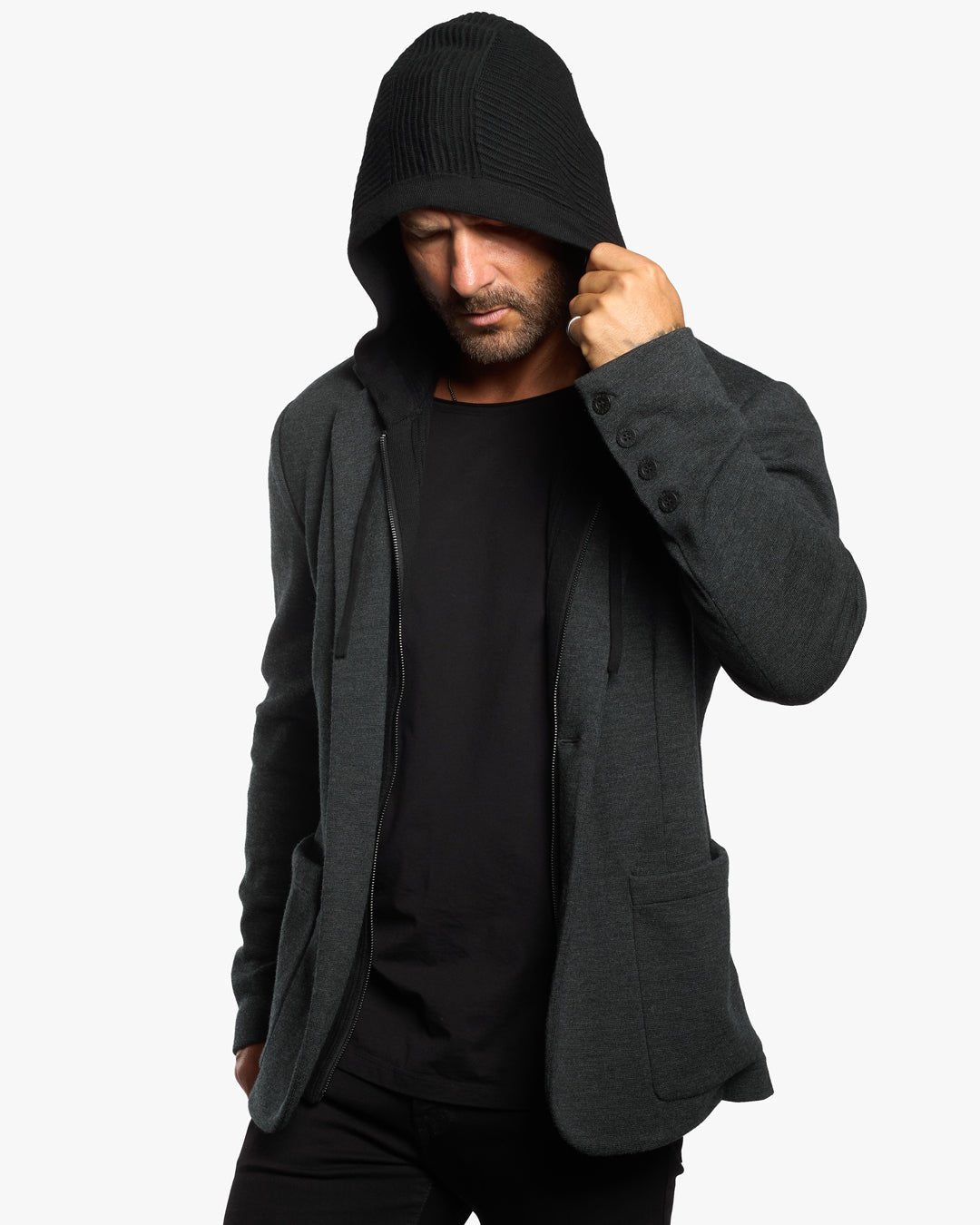Atticus Slim Fit Blazer w/Removable Hoodie Layer - Dark Smoke - WESTON JON BOUCHÉR