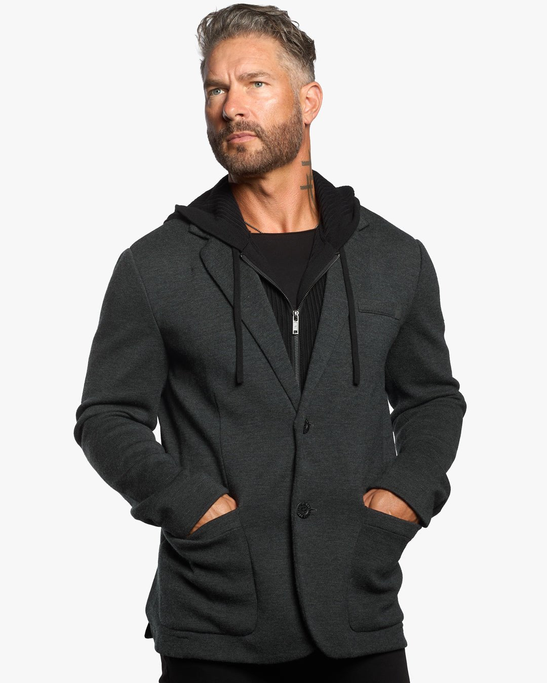 Atticus Slim Fit Blazer w/Removable Hoodie Layer - Dark Smoke - WESTON JON BOUCHÉR