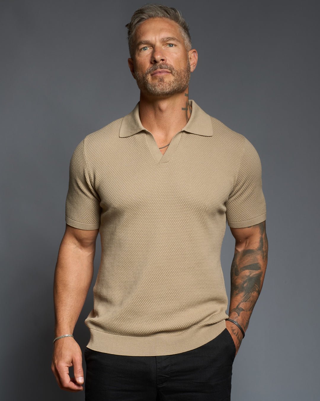 Avalon S/S Textured Slim Polo - Taupe - WESTON JON BOUCHÉR