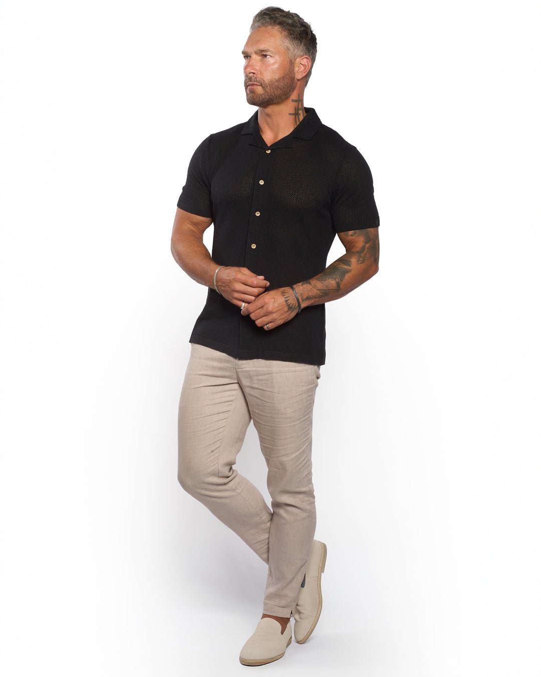 Mykonos Linen Blend Pointelle Knit Slim Fit Button Up Shirt - WESTON JON BOUCHÉR
