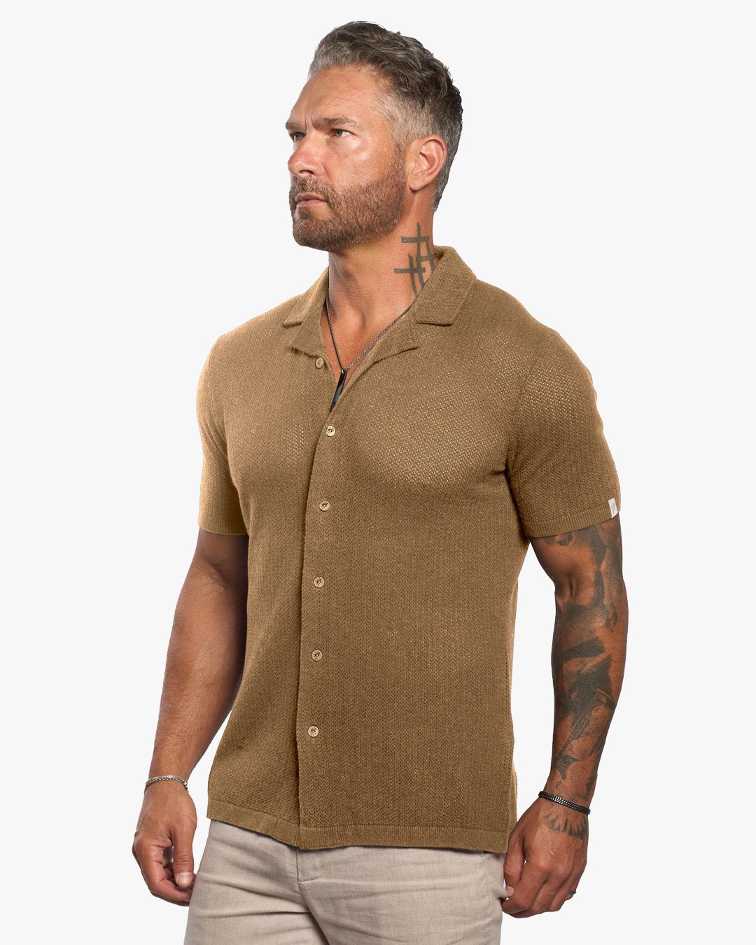 Mykonos Linen Blend Pointelle Knit Slim Fit Button Up Shirt - Camel - WESTON JON BOUCHÉR