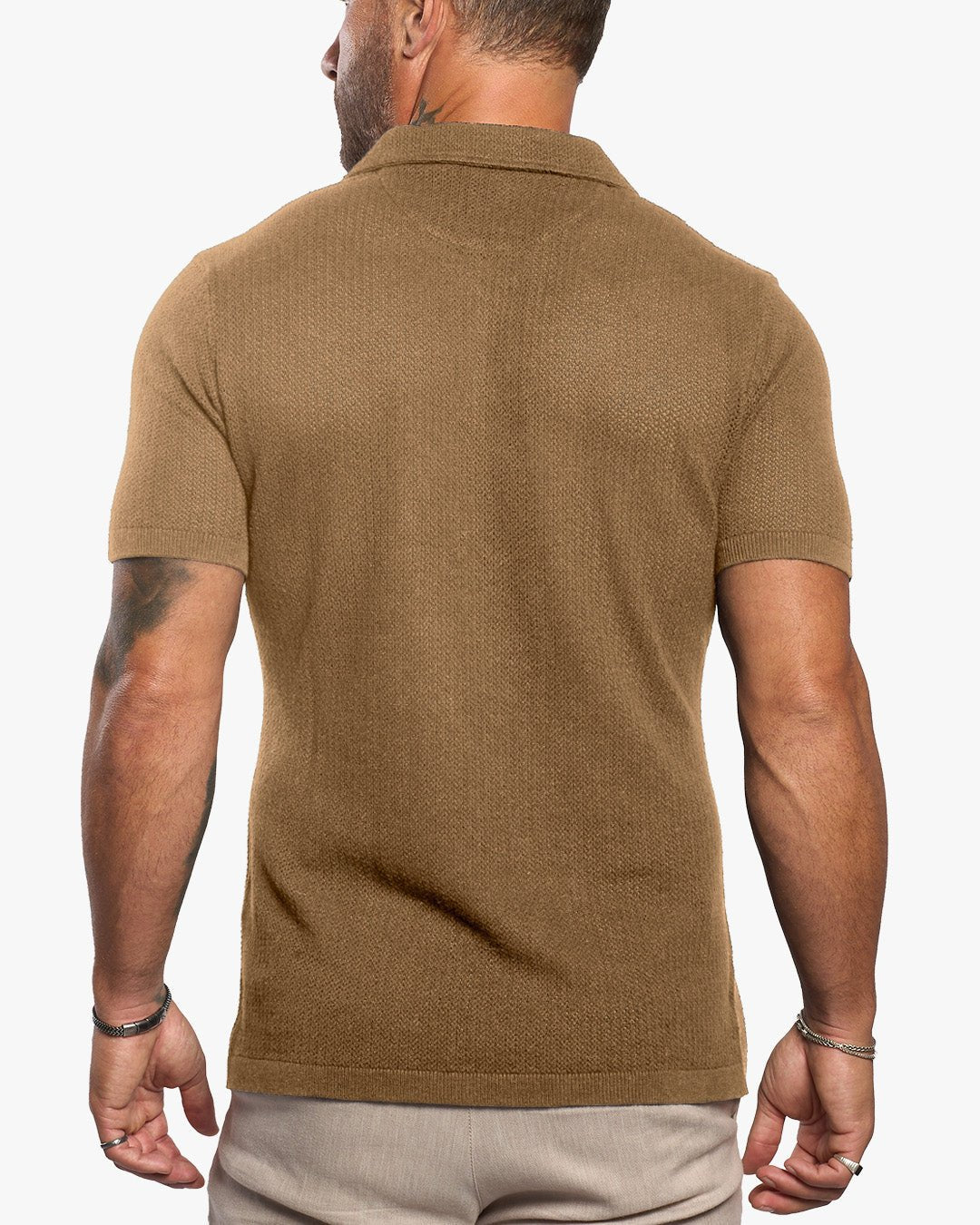Mykonos Linen Blend Pointelle Knit Slim Fit Button Up Shirt - Camel - WESTON JON BOUCHÉR