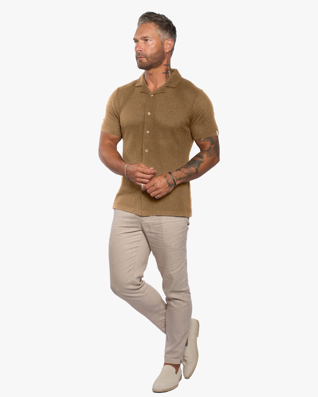 Mykonos Linen Blend Pointelle Knit Slim Fit Button Up Shirt - Camel - WESTON JON BOUCHÉR