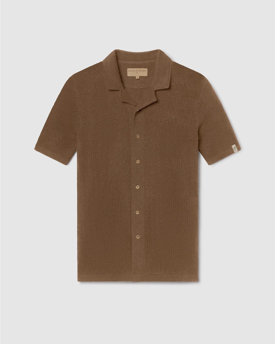 Mykonos Linen Blend Pointelle Knit Slim Fit Button Up Shirt - Camel - WESTON JON BOUCHÉR