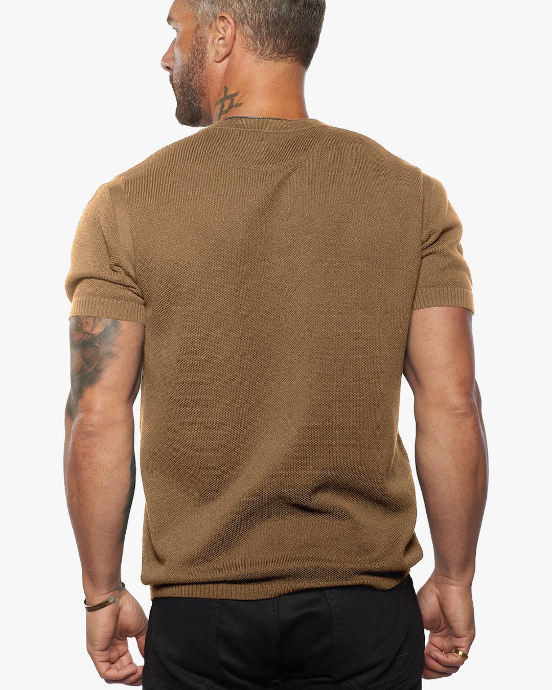 SS Mandarin Collar Slim Fit Knit Henley - Camel - WESTON JON BOUCHÉR