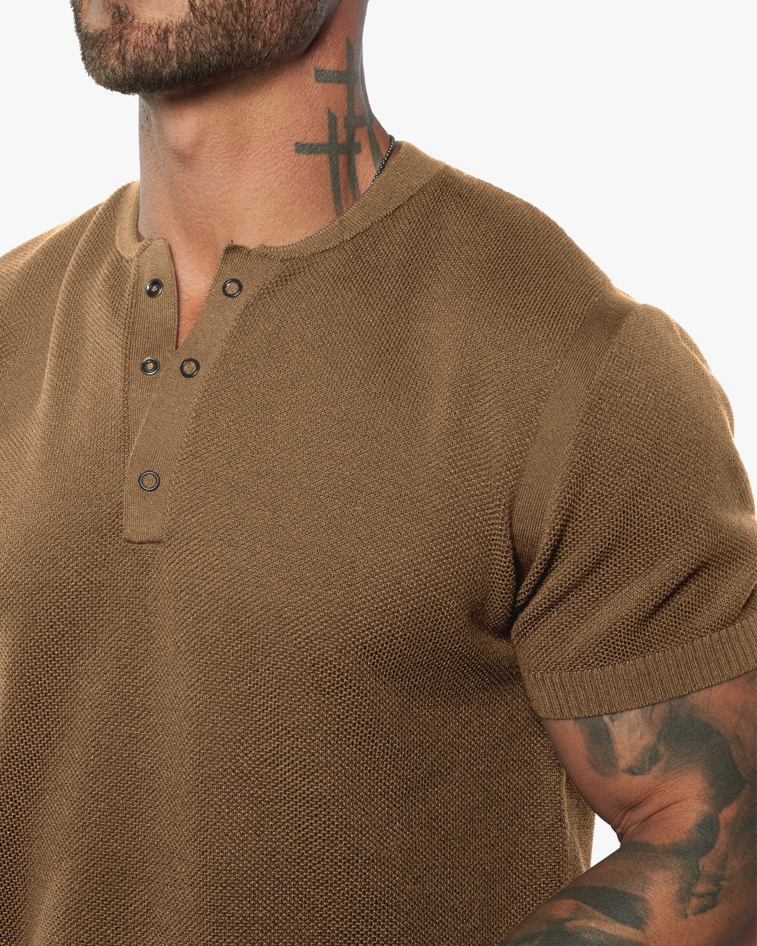 SS Mandarin Collar Slim Fit Knit Henley - Camel - WESTON JON BOUCHÉR