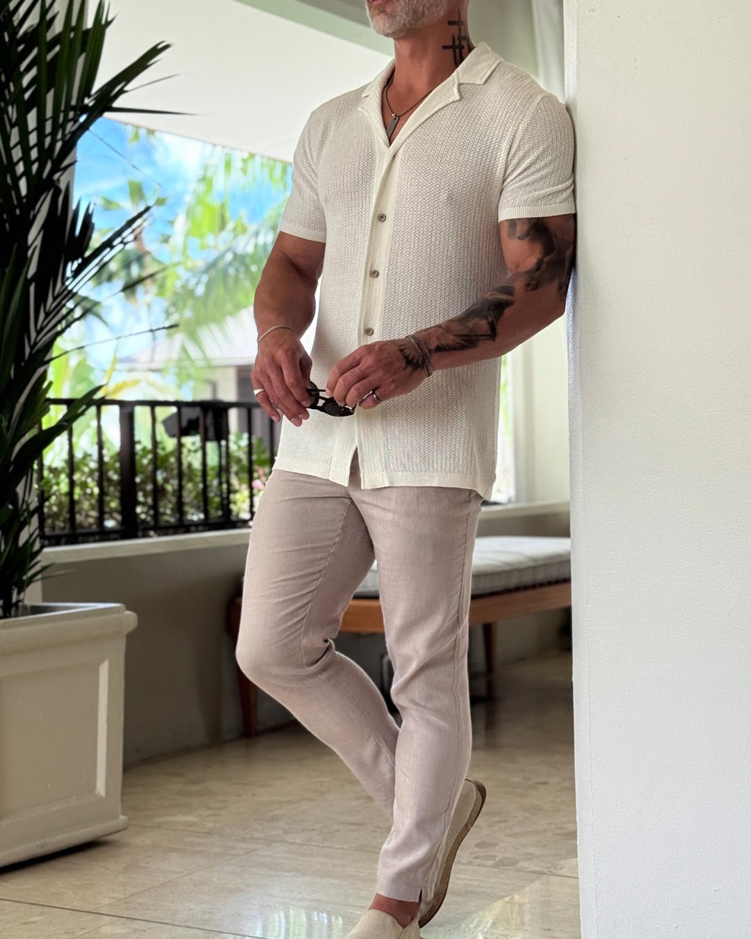 Mykonos Linen Blend Pointelle Knit Slim Fit Button Up Shirt - WESTON JON BOUCHÉR