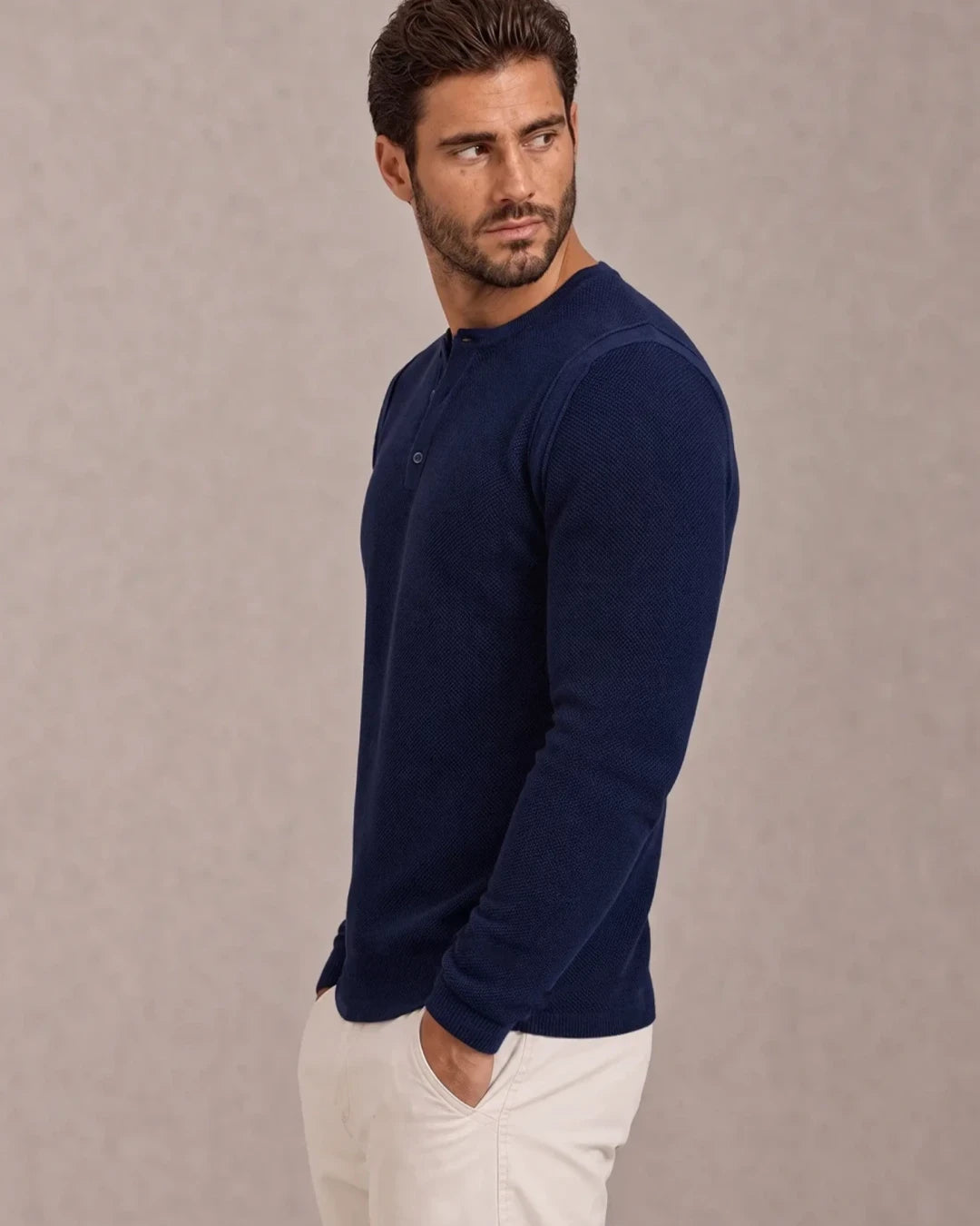L/S Mandarin Collar Slim Fit Knit Henley - Navy