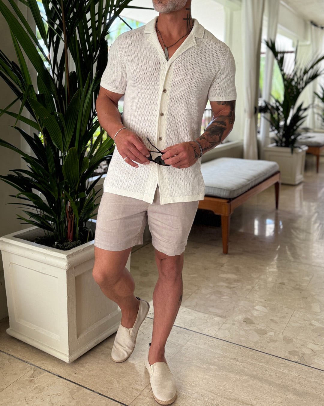 Mykonos Linen Blend Pointelle Knit Slim Fit Button Up Shirt - WESTON JON BOUCHÉR