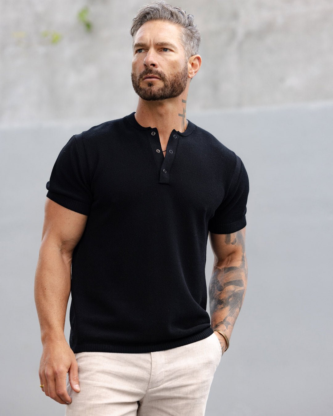 SS Mandarin Collar Slim Fit Knit Henley - WESTON JON BOUCHÉR
