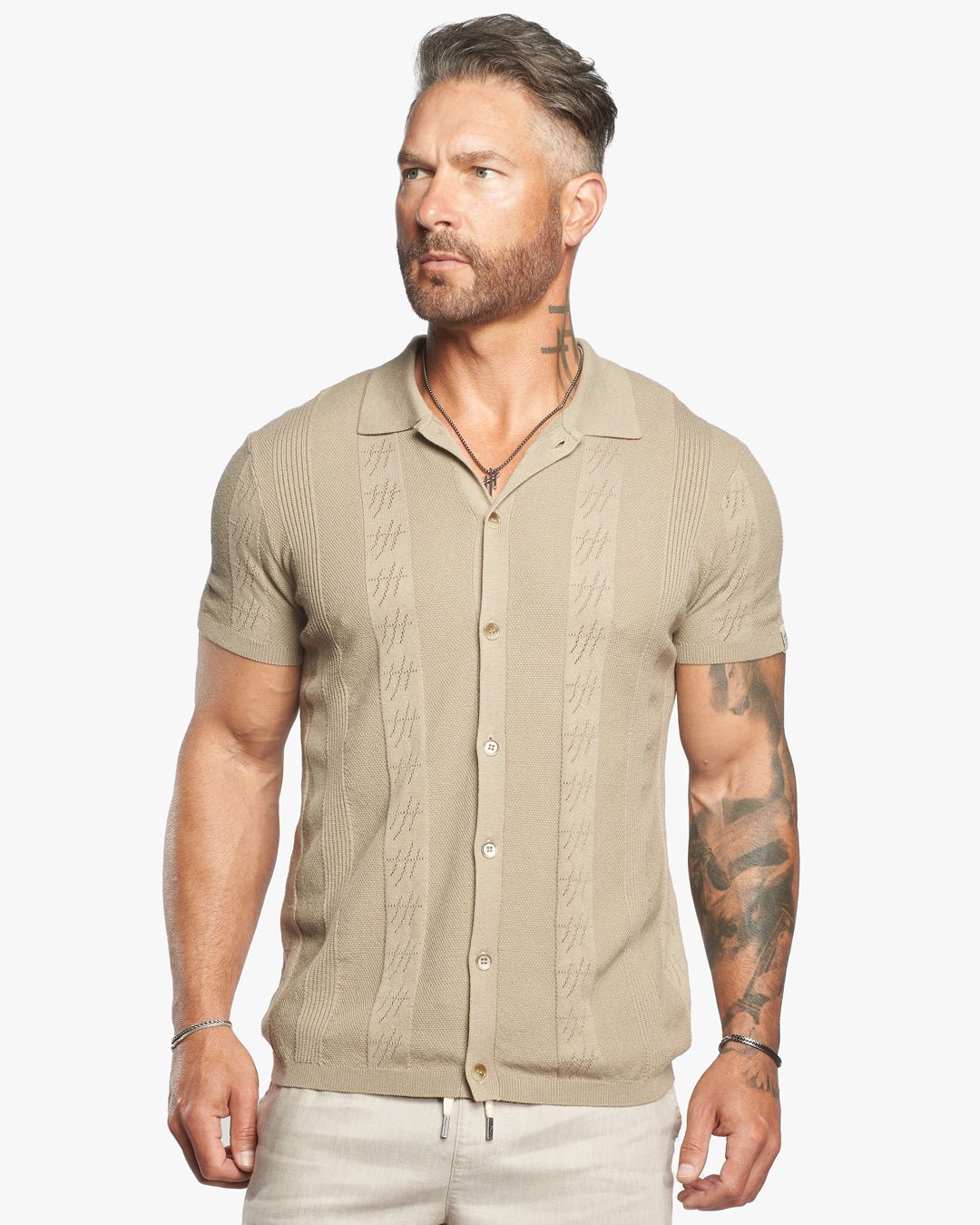 Lido Pointelle Knit Slim Fit Button Up Shirt - Taupe - WESTON JON BOUCHÉR