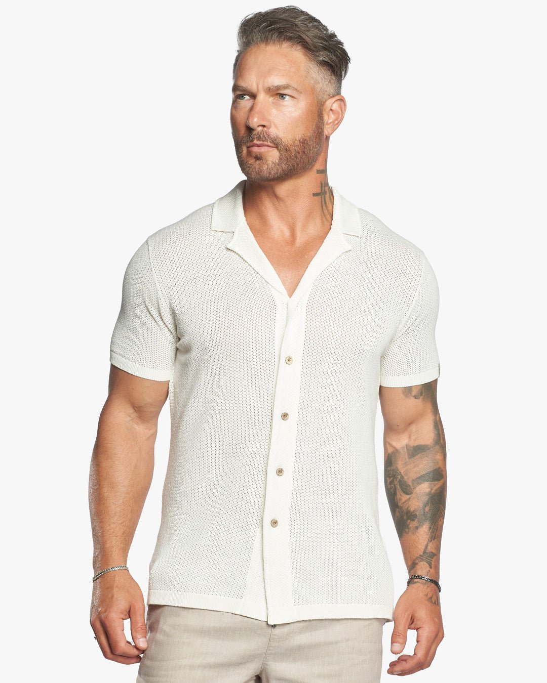 Mykonos Linen Blend Pointelle Knit Slim Fit Button Up Shirt - WESTON JON BOUCHÉR