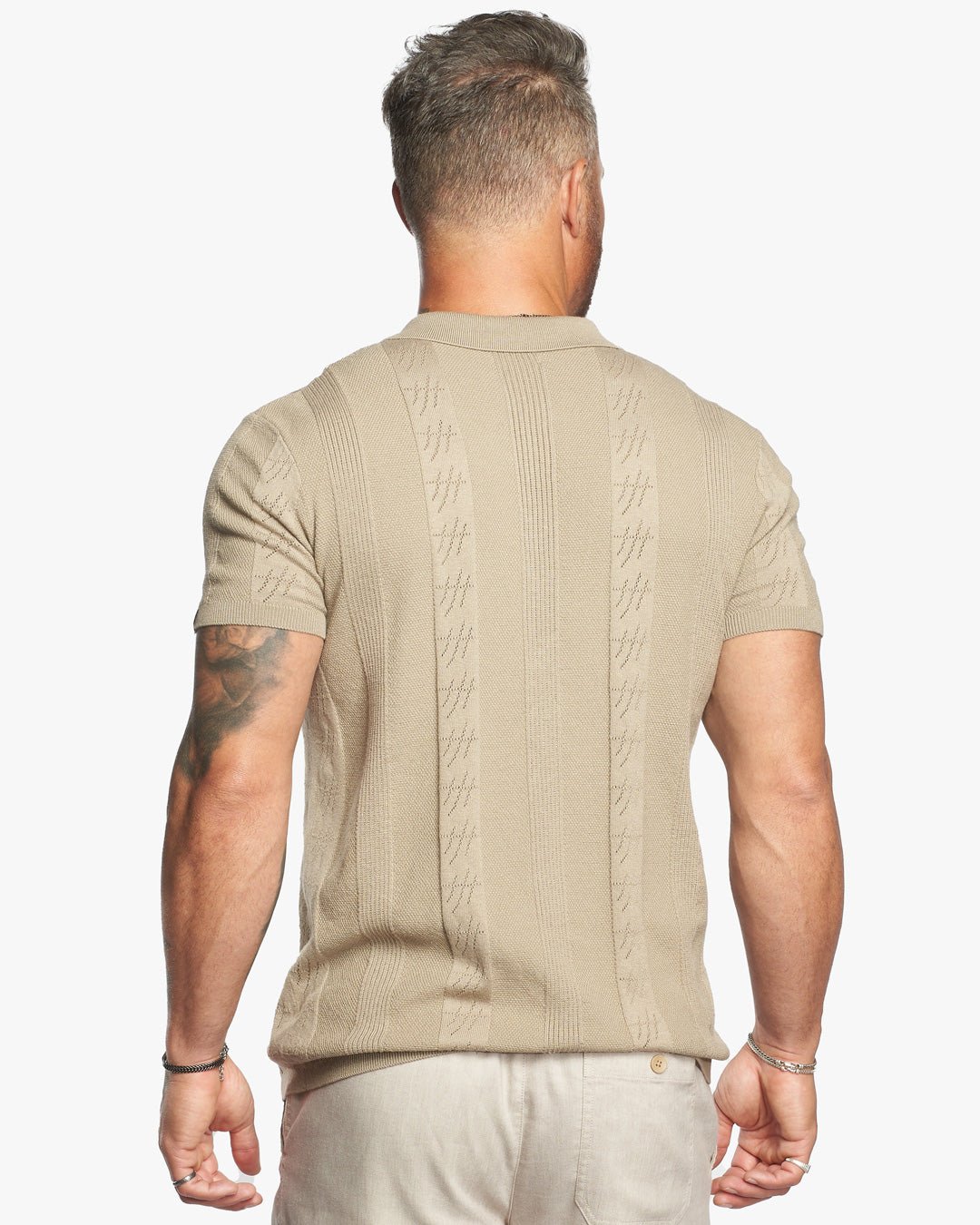 Lido Pointelle Knit Slim Fit Button Up Shirt - Taupe - WESTON JON BOUCHÉR
