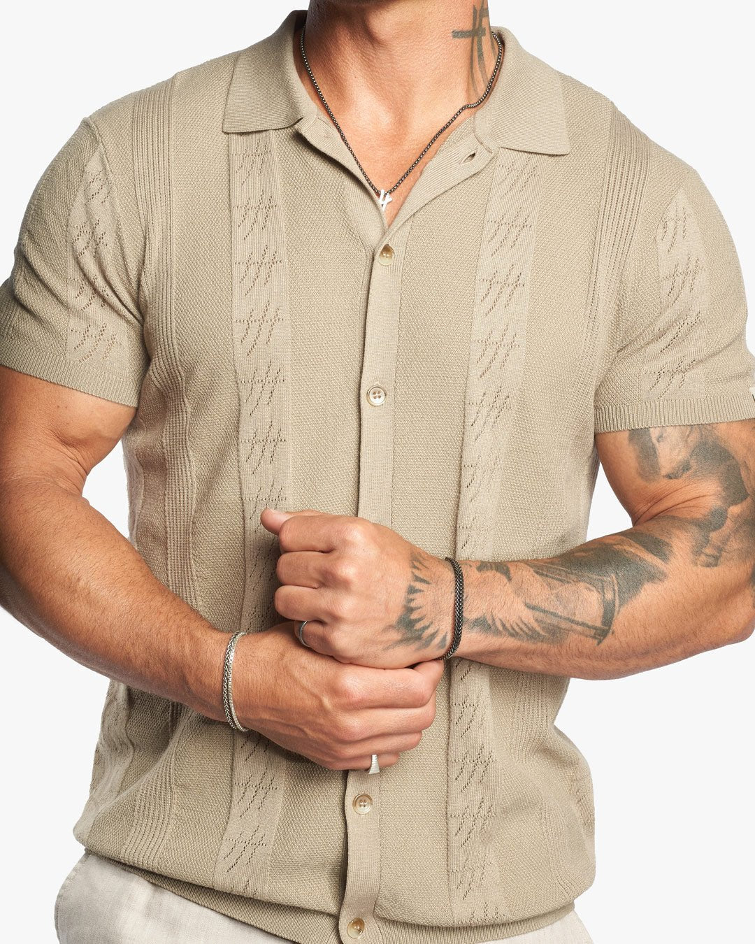 Lido Pointelle Knit Slim Fit Button Up Shirt - Taupe - WESTON JON BOUCHÉR