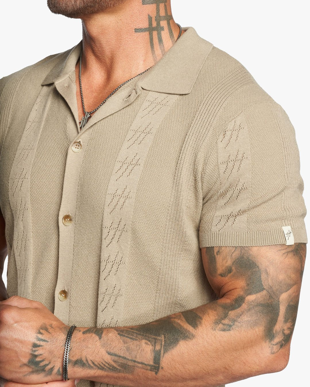 Lido Pointelle Knit Slim Fit Button Up Shirt - Taupe - WESTON JON BOUCHÉR