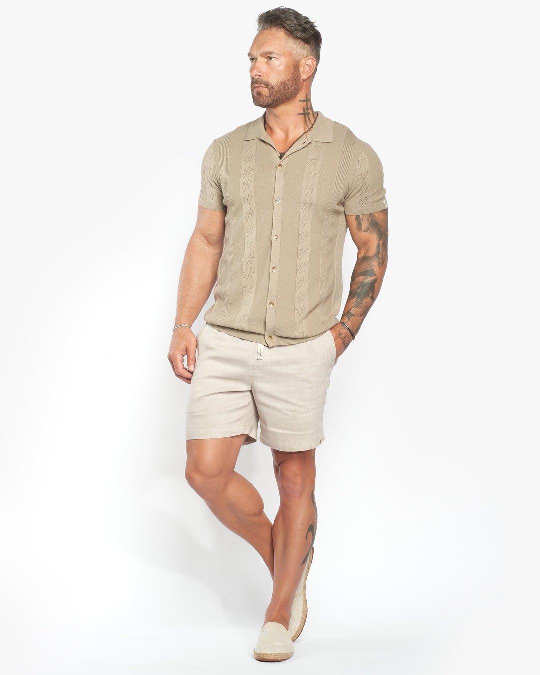 Lido Pointelle Knit Slim Fit Button Up Shirt - Taupe - WESTON JON BOUCHÉR