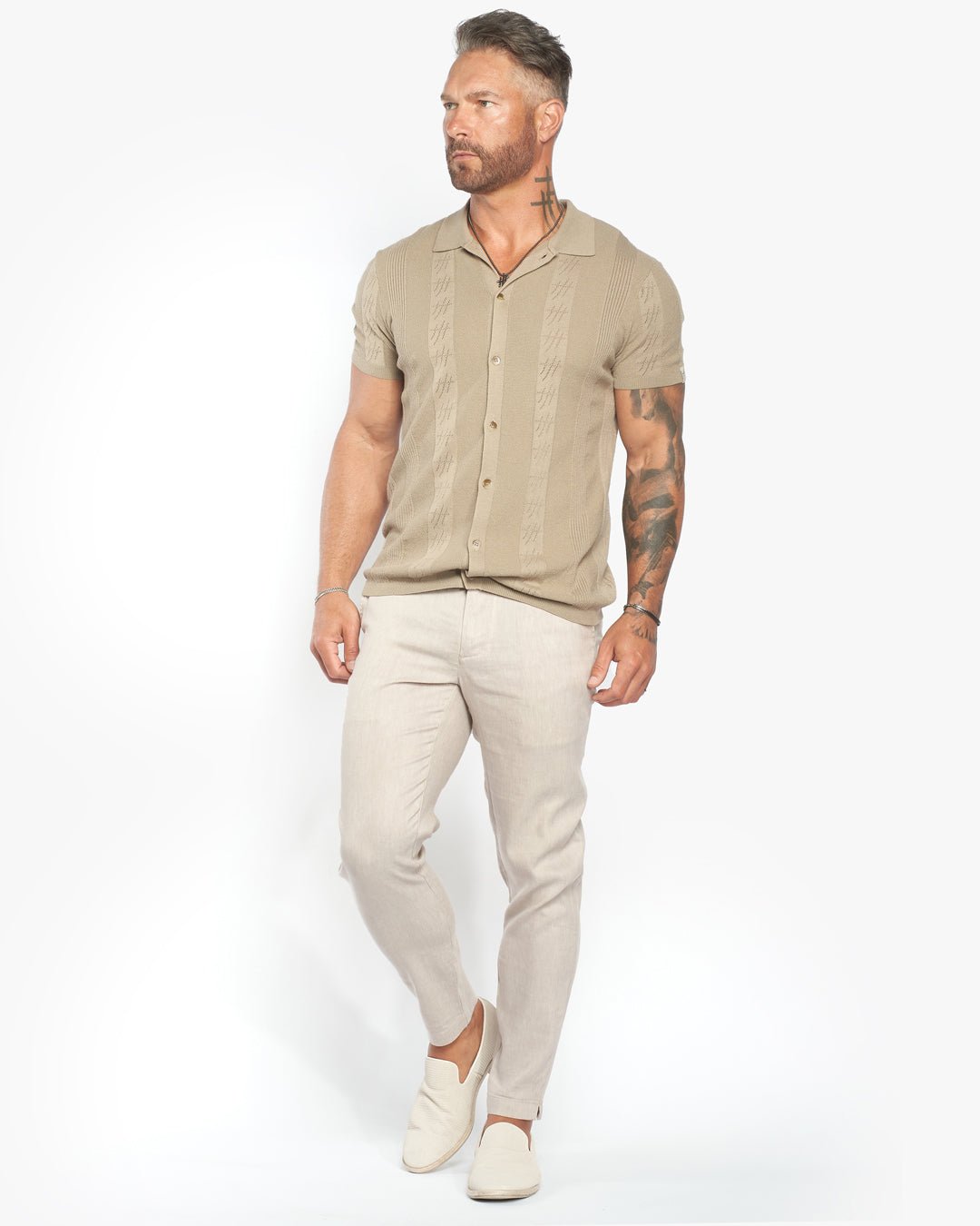 Lido Pointelle Knit Slim Fit Button Up Shirt - Taupe - WESTON JON BOUCHÉR