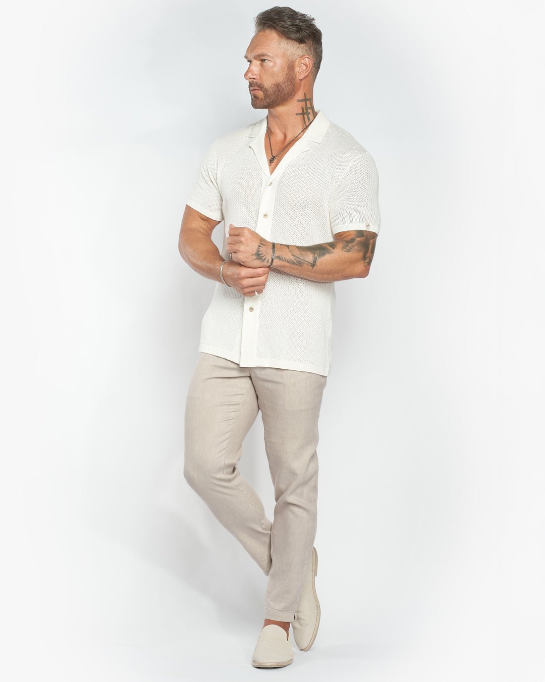 Mykonos Linen Blend Pointelle Knit Slim Fit Button Up Shirt - WESTON JON BOUCHÉR