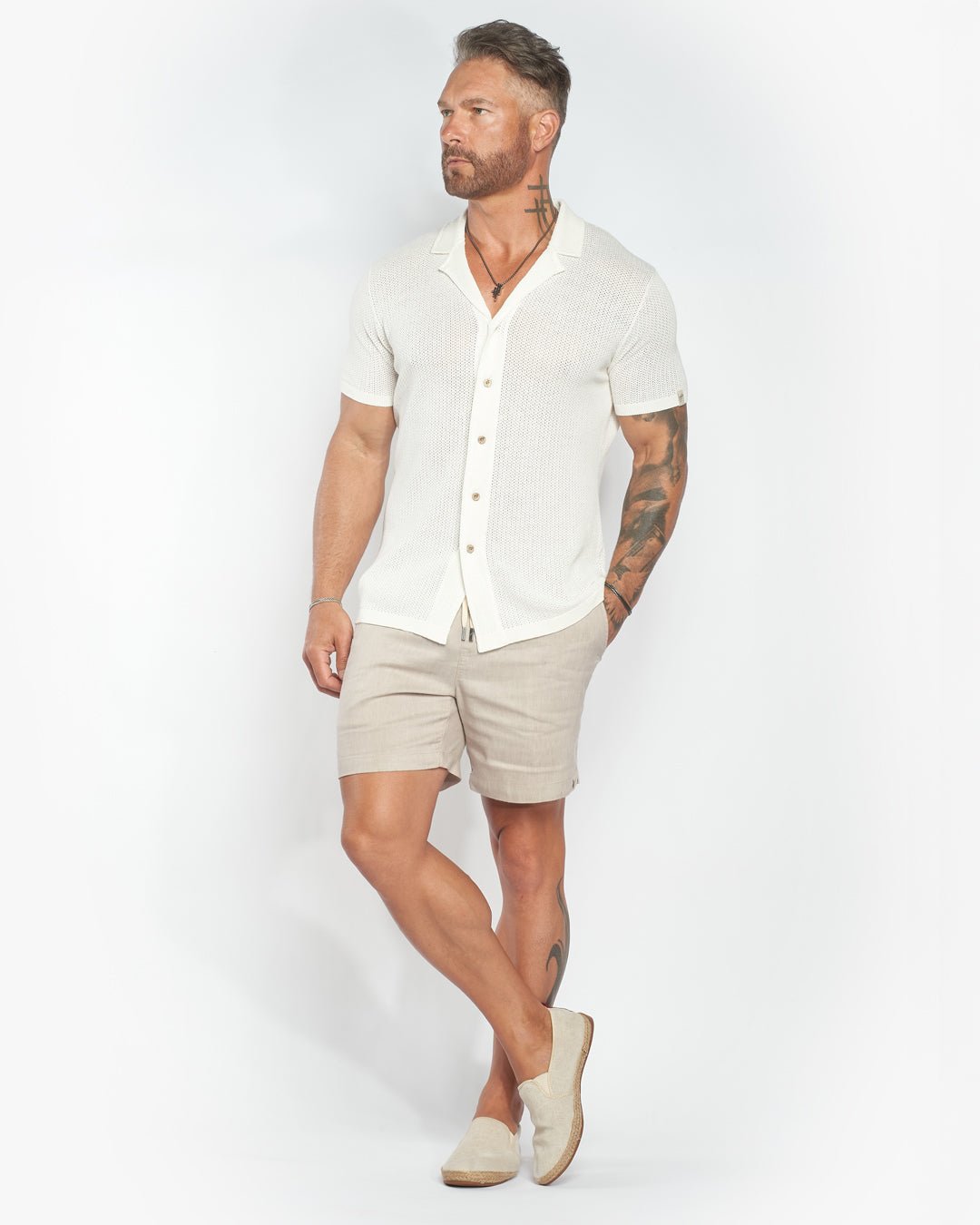 Mykonos Linen Blend Pointelle Knit Slim Fit Button Up Shirt - WESTON JON BOUCHÉR