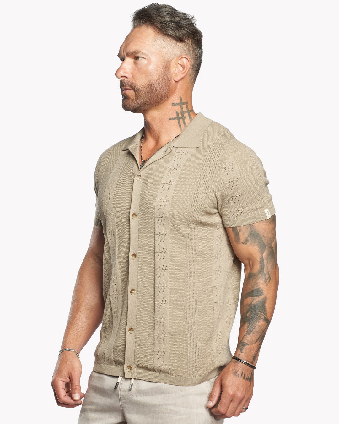 Lido Pointelle Knit Slim Fit Button Up Shirt - Taupe - WESTON JON BOUCHÉR