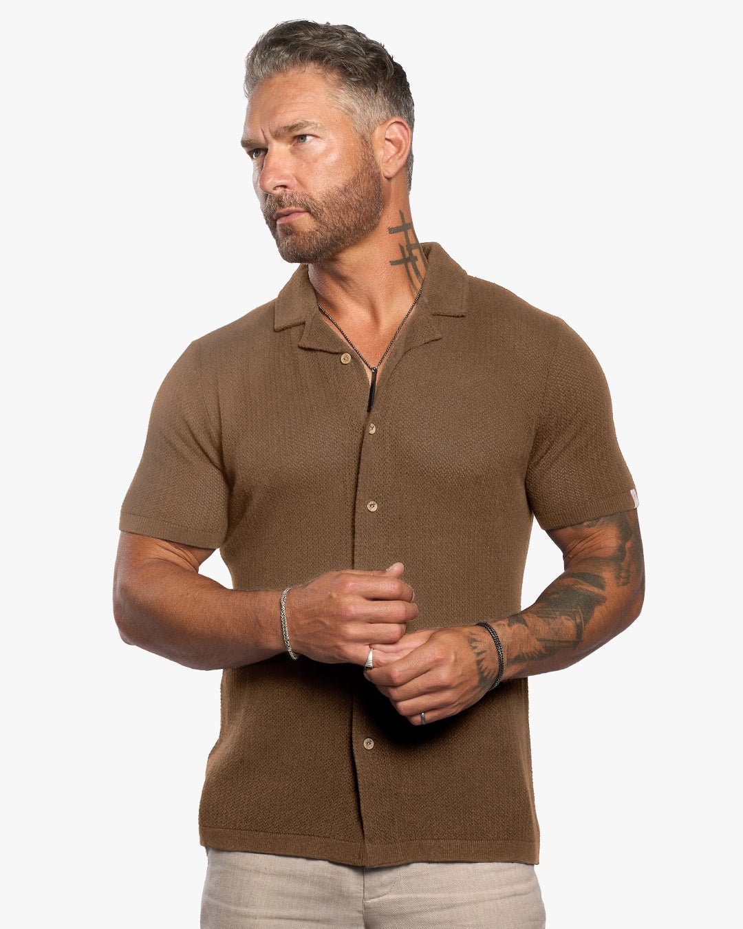 Mykonos Linen Blend Pointelle Knit Slim Fit Button Up Shirt - Camel - WESTON JON BOUCHÉR