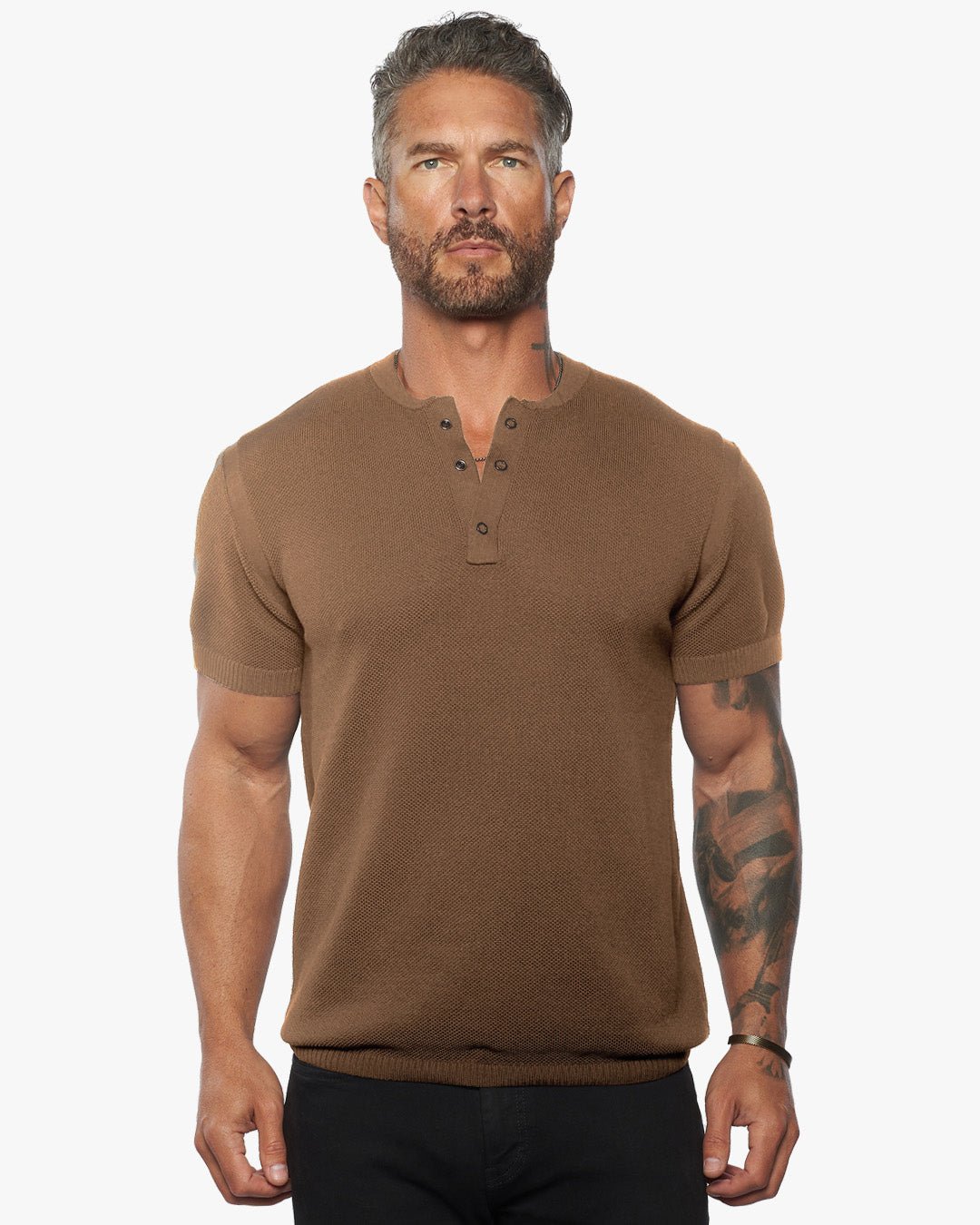 SS Mandarin Collar Slim Fit Knit Henley - Camel - WESTON JON BOUCHÉR