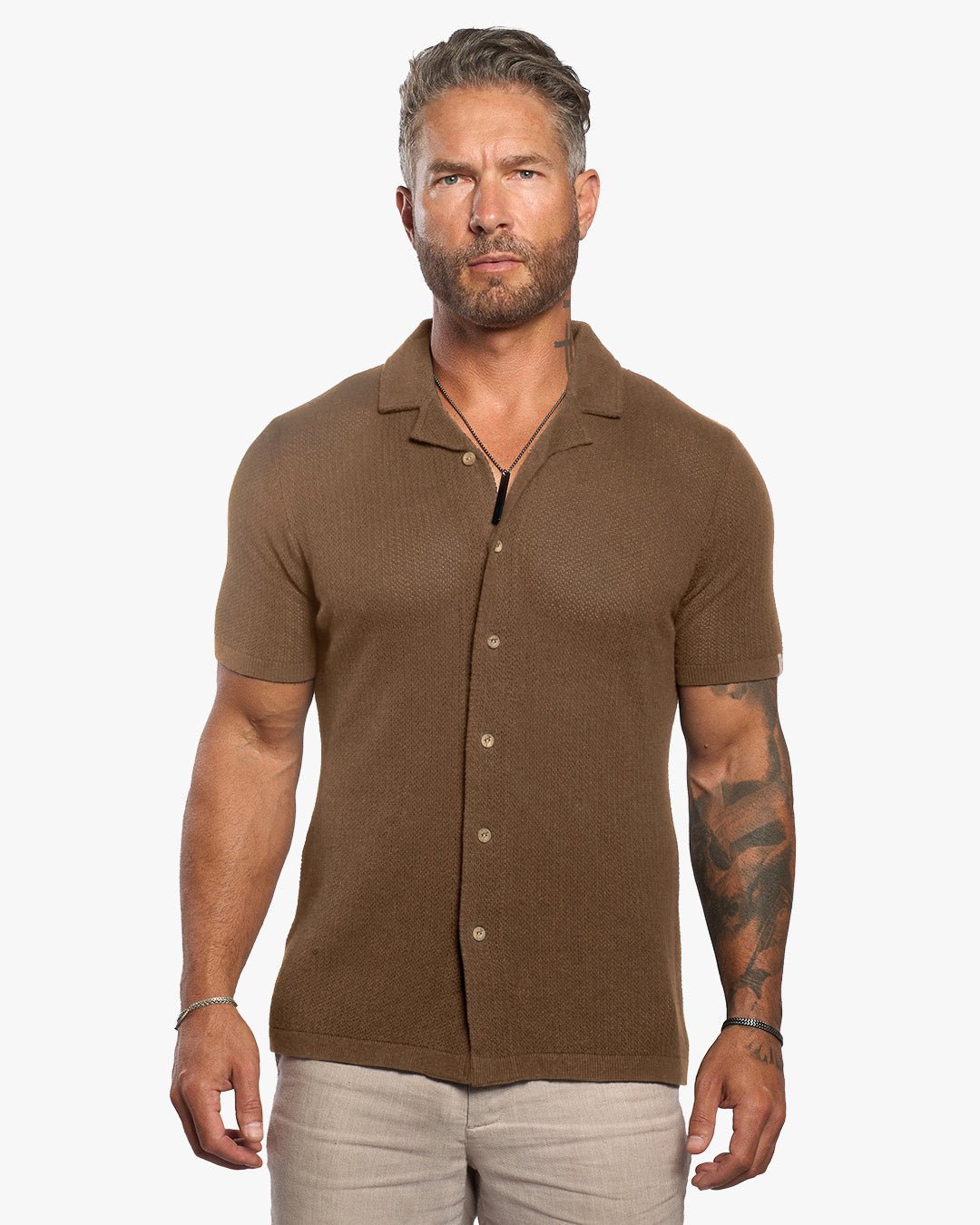 Mykonos Linen Blend Pointelle Knit Slim Fit Button Up Shirt - Camel - WESTON JON BOUCHÉR