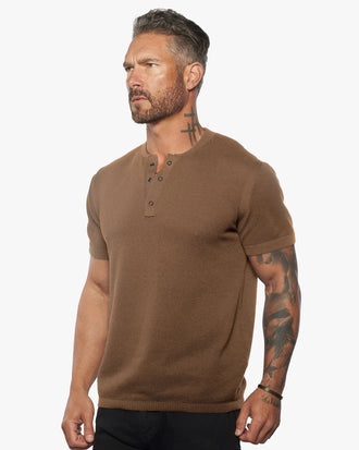 SS Mandarin Collar Slim Fit Knit Henley - Camel - WESTON JON BOUCHÉR