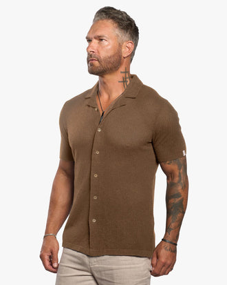 Mykonos Linen Blend Pointelle Knit Slim Fit Button Up Shirt - Camel - WESTON JON BOUCHÉR
