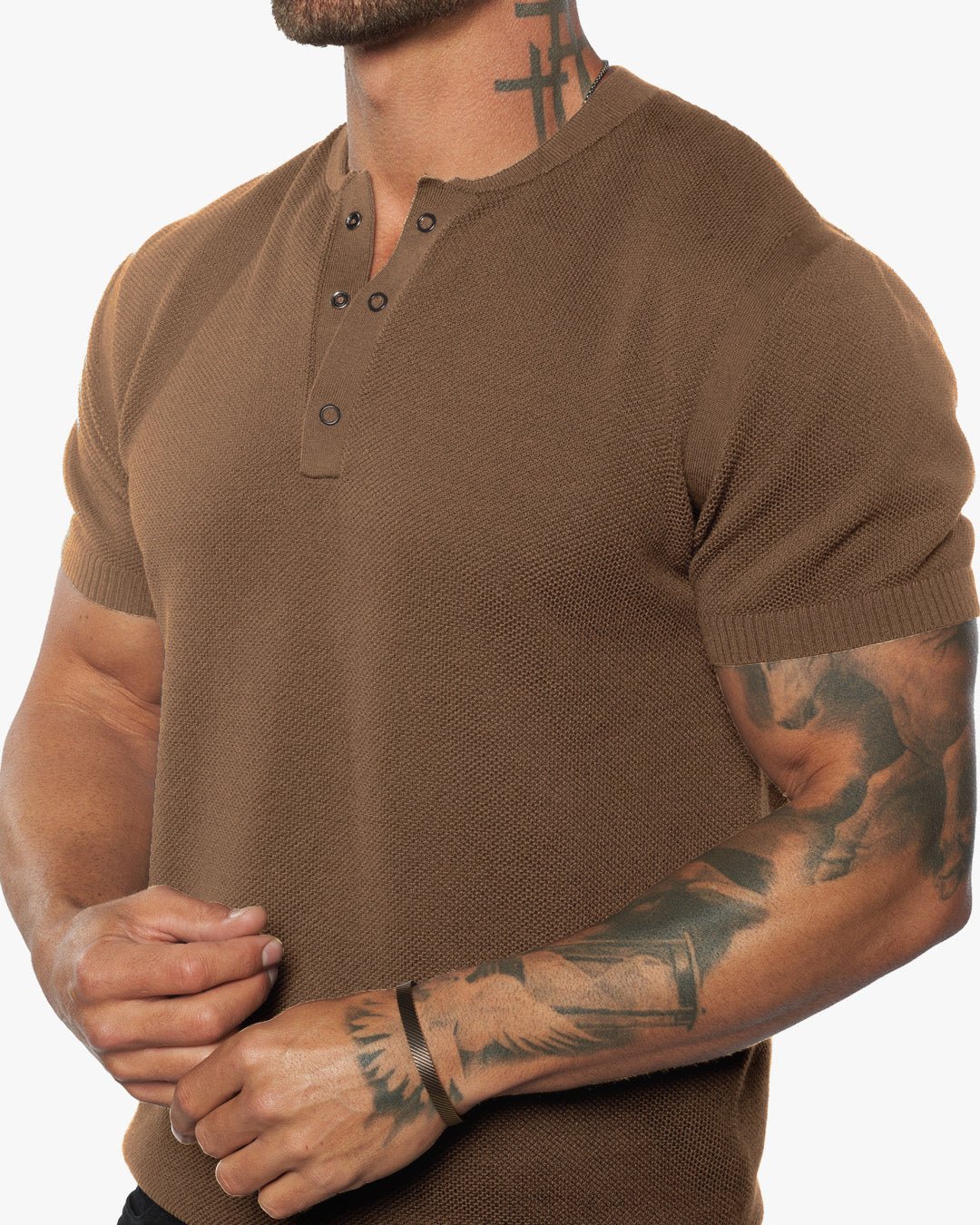 SS Mandarin Collar Slim Fit Knit Henley - Camel - WESTON JON BOUCHÉR