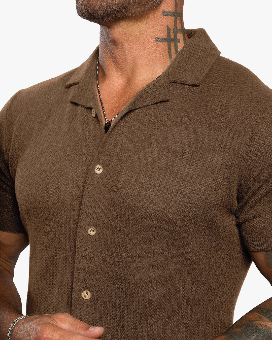 Mykonos Linen Blend Pointelle Knit Slim Fit Button Up Shirt - Camel - WESTON JON BOUCHÉR