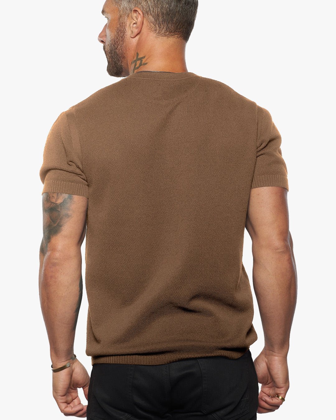 SS Mandarin Collar Slim Fit Knit Henley - Camel - WESTON JON BOUCHÉR