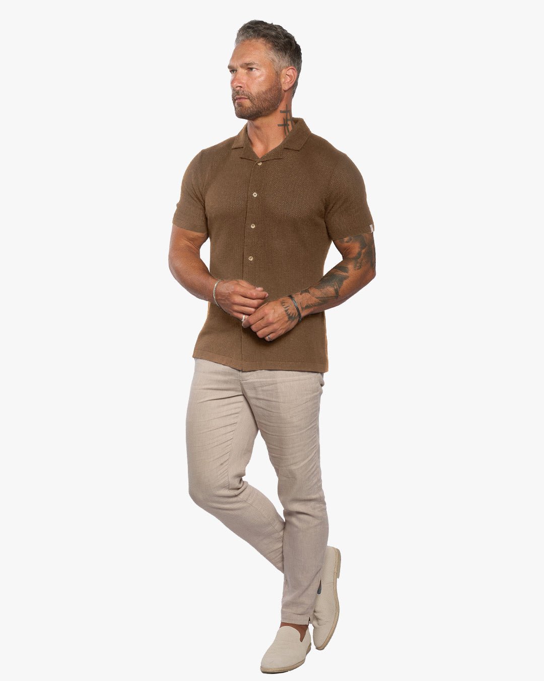 Mykonos Linen Blend Pointelle Knit Slim Fit Button Up Shirt - Camel - WESTON JON BOUCHÉR