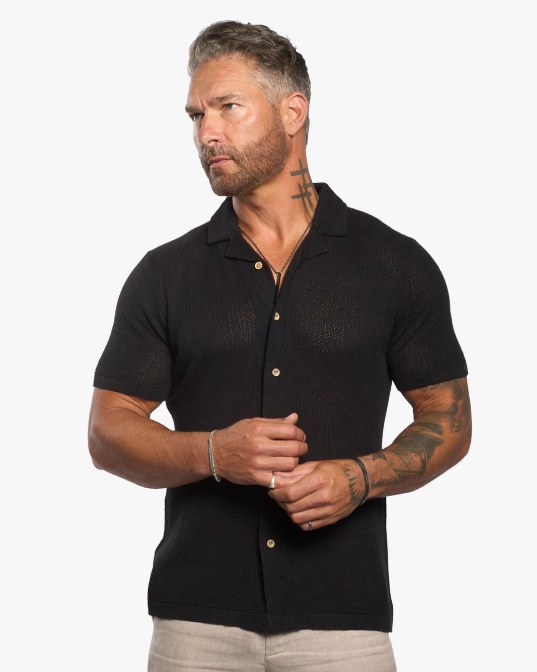 Mykonos Linen Blend Pointelle Knit Slim Fit Button Up Shirt - Black - WESTON JON BOUCHÉR
