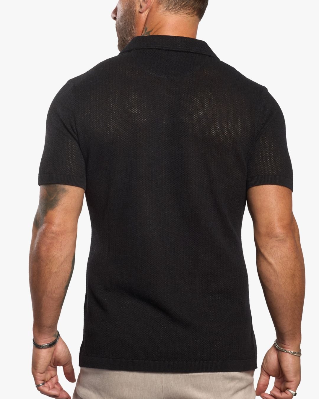 Mykonos Linen Blend Pointelle Knit Slim Fit Button Up Shirt - Black - WESTON JON BOUCHÉR