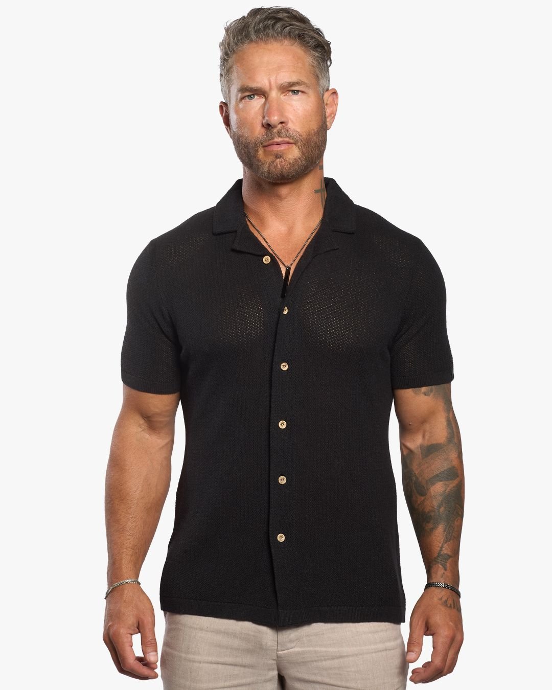 Mykonos Linen Blend Pointelle Knit Slim Fit Button Up Shirt - Black - WESTON JON BOUCHÉR