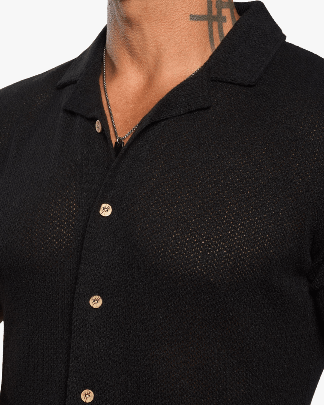 Mykonos Linen Blend Pointelle Knit Slim Fit Button Up Shirt - Black - WESTON JON BOUCHÉR