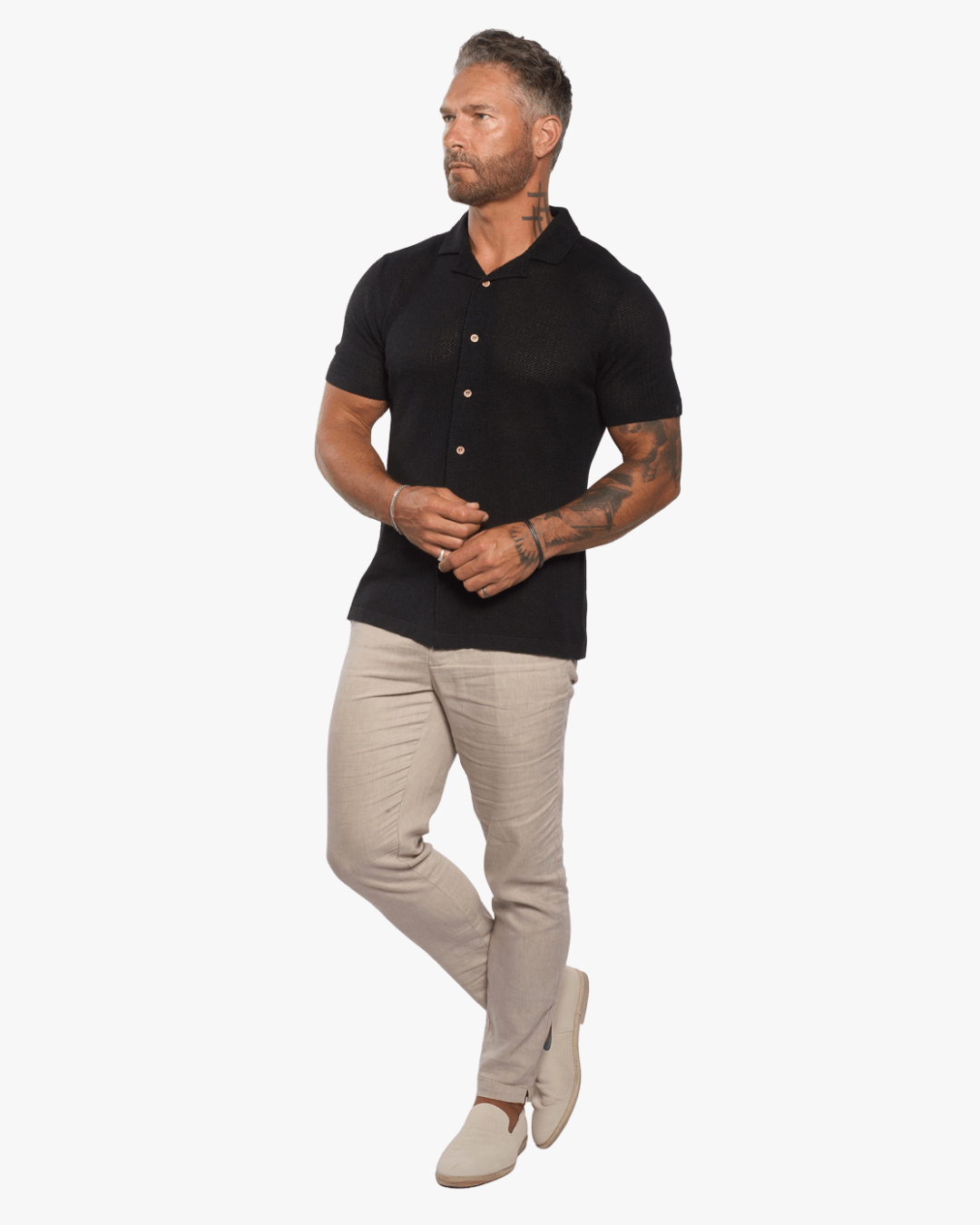Mykonos Linen Blend Pointelle Knit Slim Fit Button Up Shirt - Black - WESTON JON BOUCHÉR