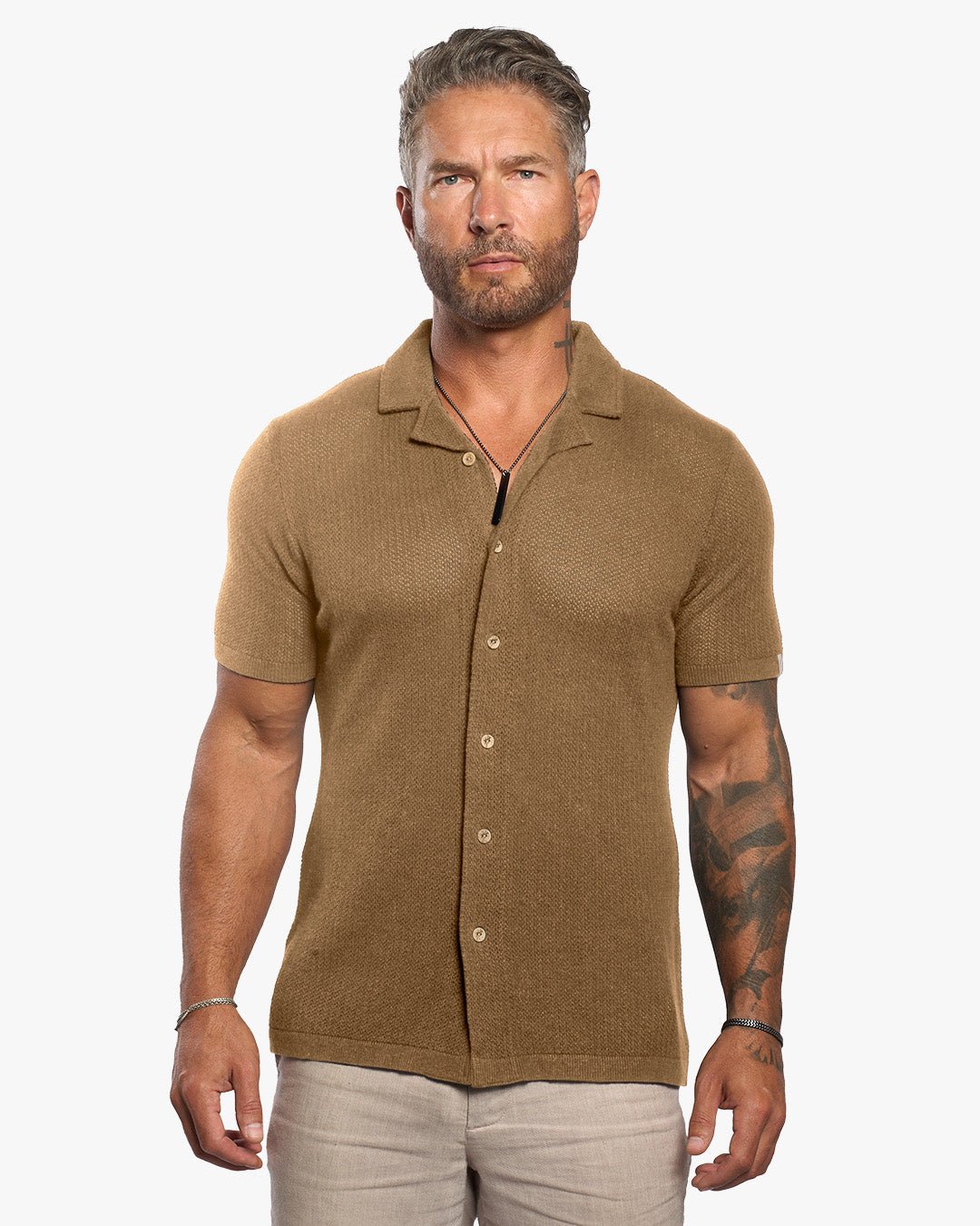Mykonos Linen Blend Pointelle Knit Slim Fit Button Up Shirt - Camel - WESTON JON BOUCHÉR