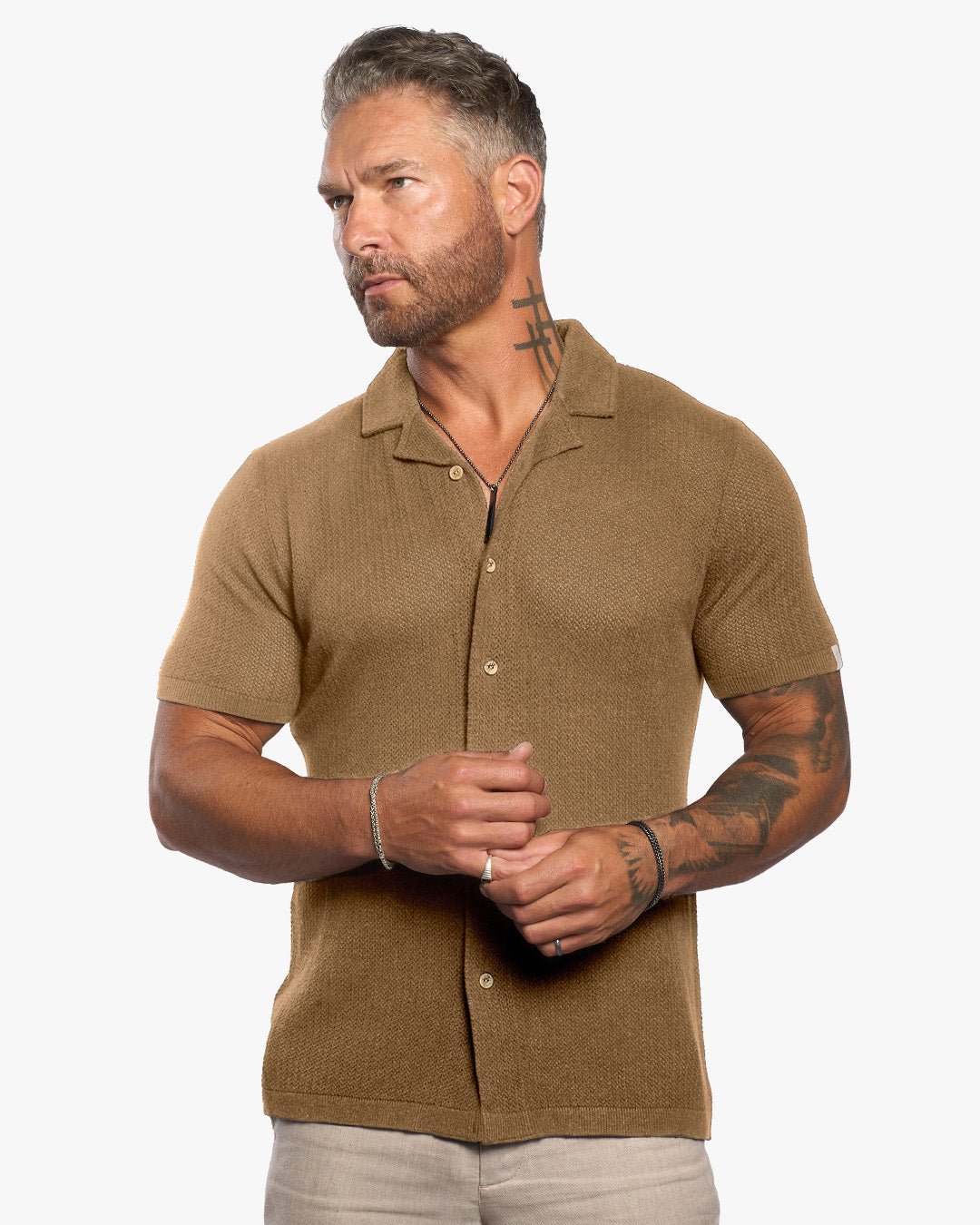 Mykonos Linen Blend Pointelle Knit Slim Fit Button Up Shirt - Camel - WESTON JON BOUCHÉR